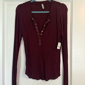 Free People waffle knit button up long sleeve top